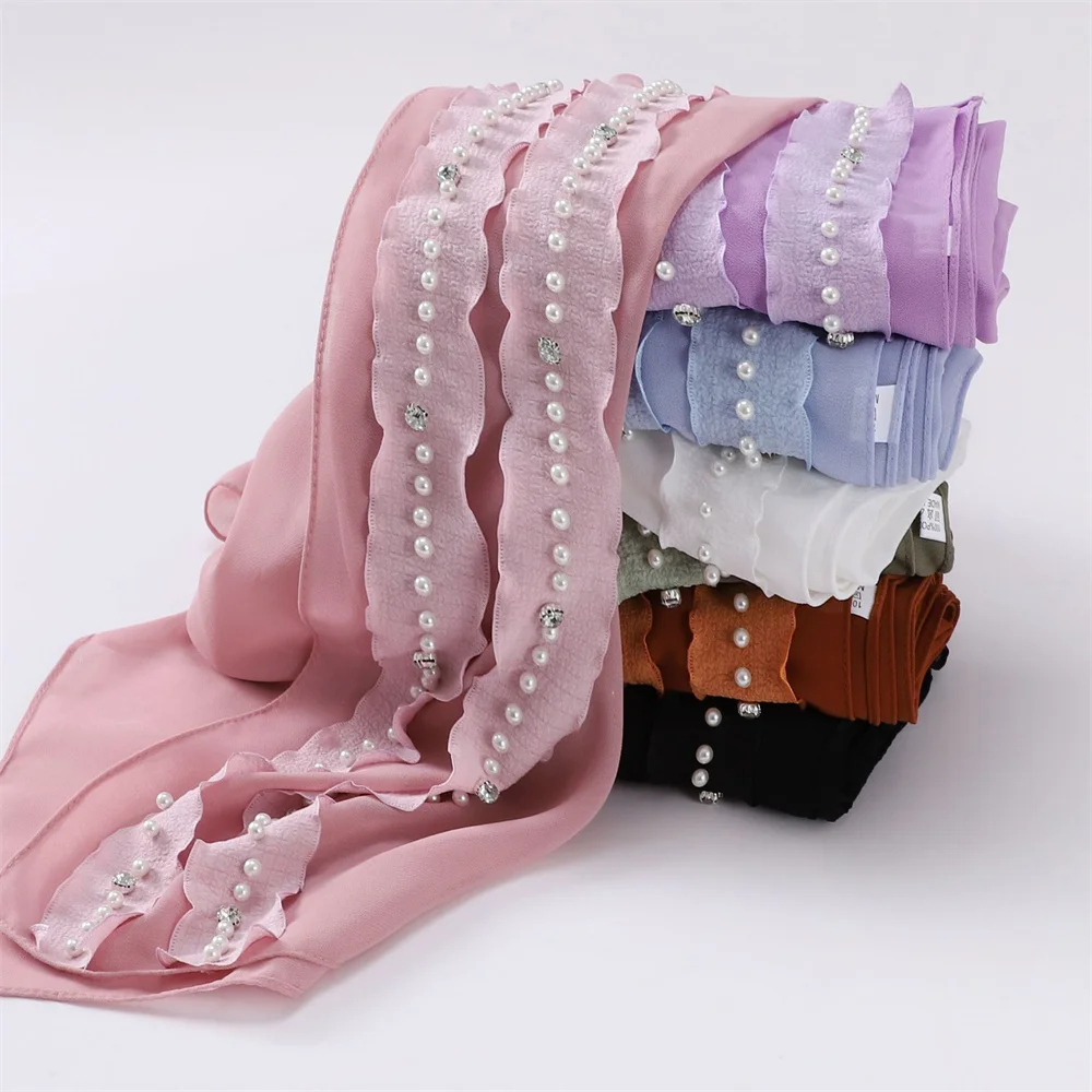 Muslim Women Ladies Premium Heavy Chiffon With Embroidery Malaysia Sulam Shawl Head Scarf With Ruffle Lace Studded Diamond Hijab