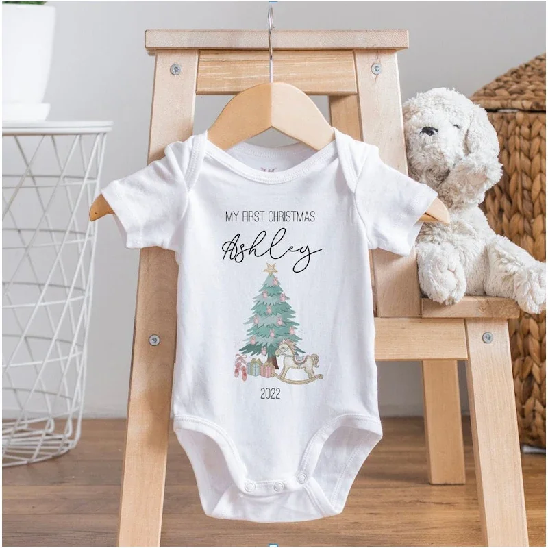 Personalised 1st Christmas Outfit 2025 First Xmas Bodysuit, Custom New Baby's First Christmas Body Shirt Rocking Horse Christmas
