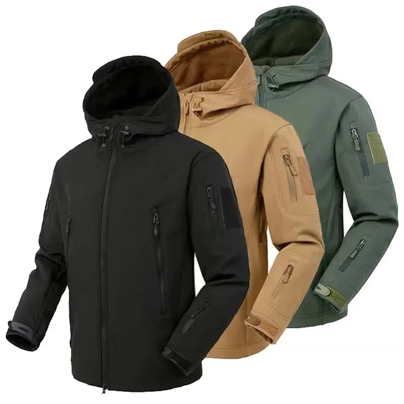 Men's Silent Windbreakers Soft Shell Tactical Jacket Waterproof Warm Fleece Hunting Jackets Outdoor Hiking Fishing Hooded Coat