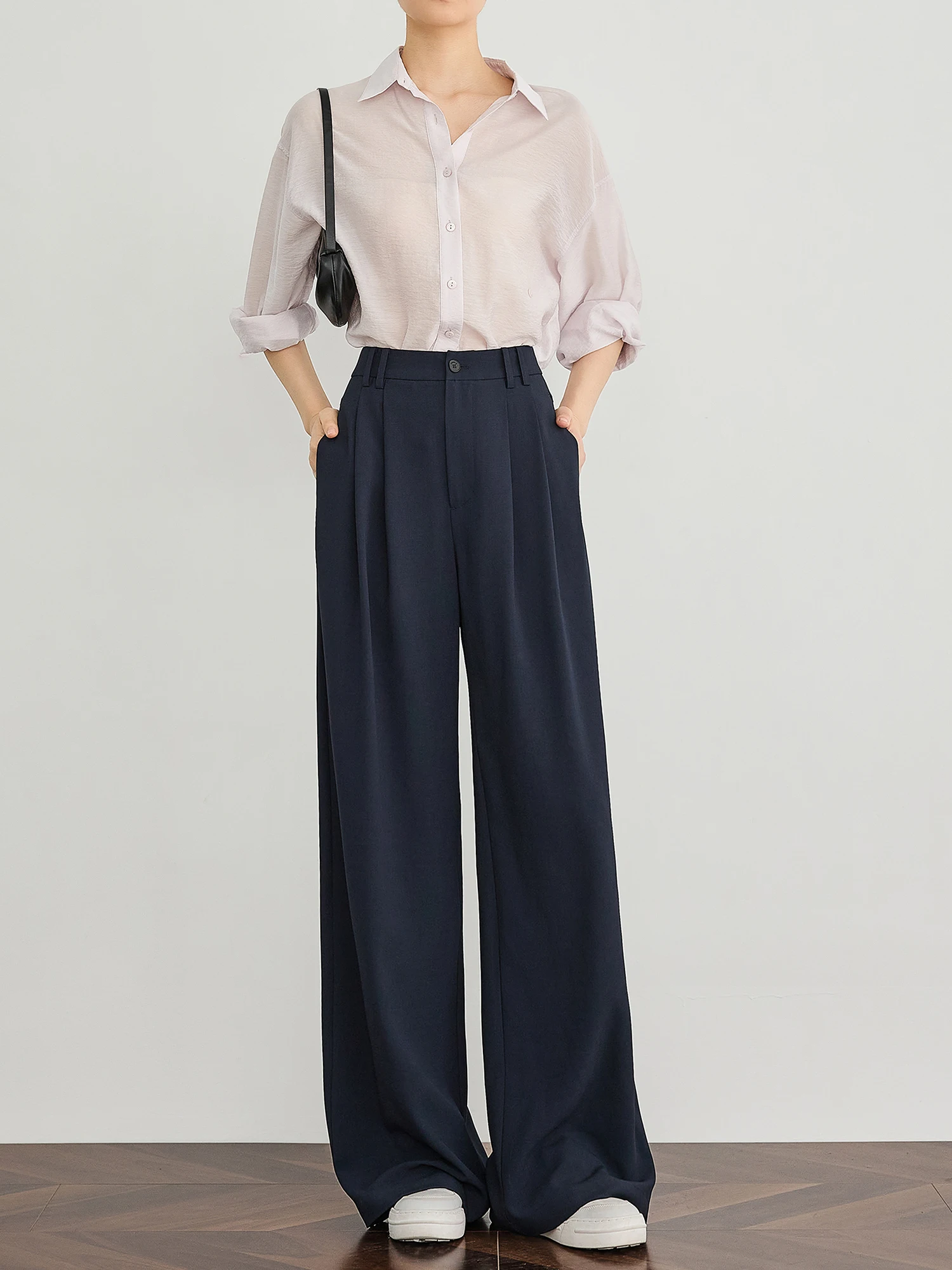 

TUMPUS Slimming High Waist Long Drapey Suit Pants Women's Indigo Pleated Casual Straight Leg Trousers Comfortable Breathable
