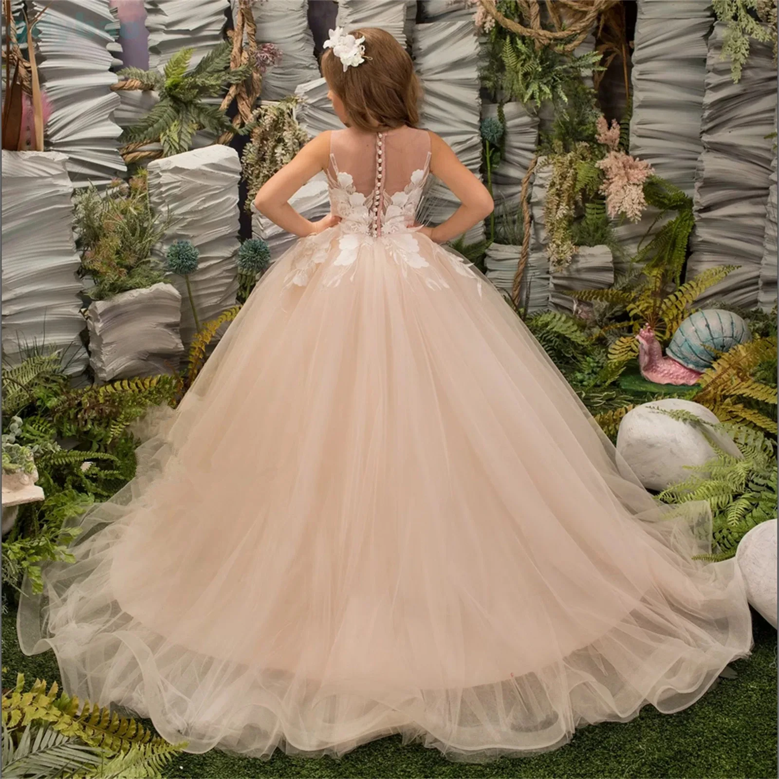 

Индивидуальные платья для девочек-цветочниц, розовый тюль, пышный жемчуг с бантом и коротким рукавом для свадьбы, дня рождения, платья для первого причастия