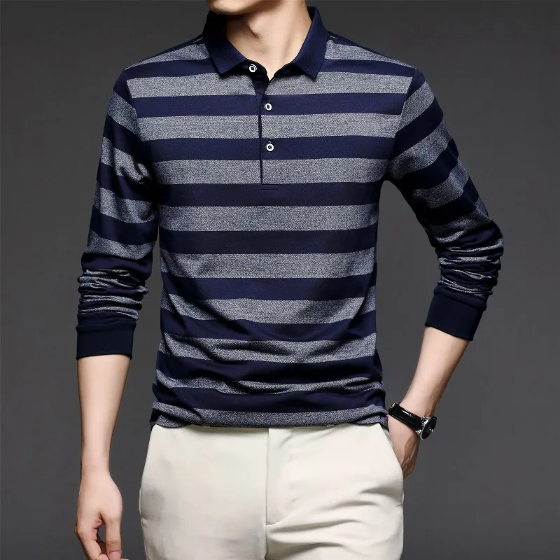 

Spring and Autumn Men's Pullover Polo Adjustable Contrast Button Long Sleeve T-shirt Polo Bottom Fashion Casual Formal Tops