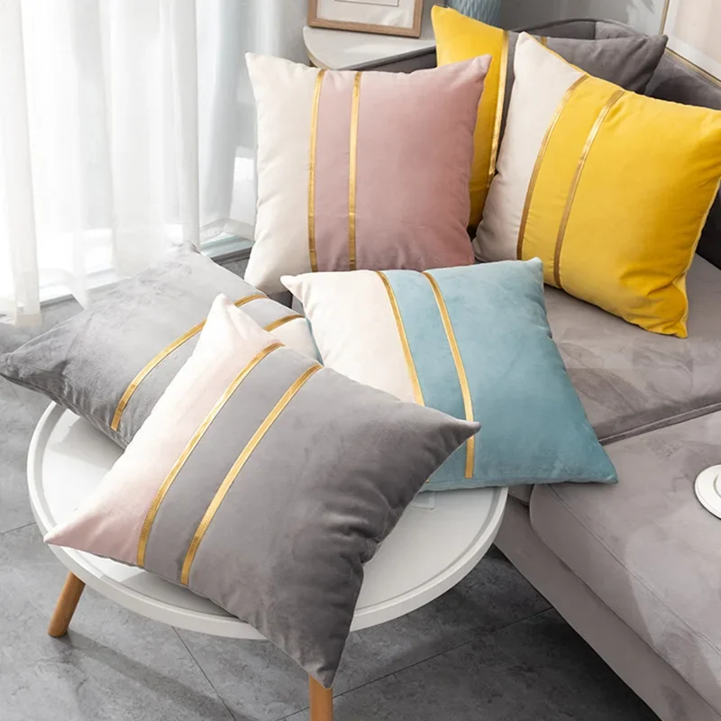 Comfortable Velvet Sofa Cushion 45x45cm Fashion Contrast Color Gold Bar Stitching Pillowcase Decorative Pillows for  BedHome