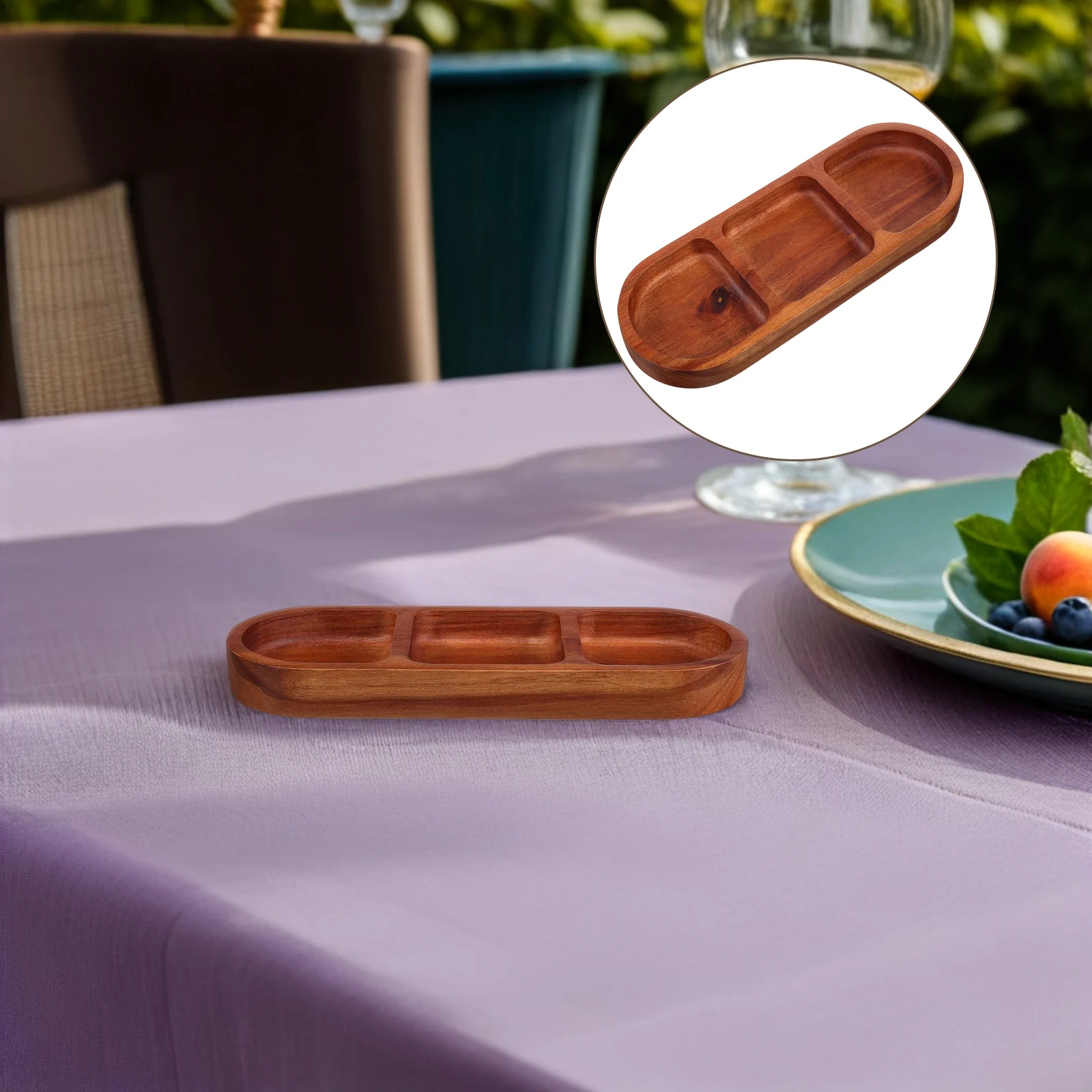 

Solid Wood 3 Section Serving Platter Natural Acacia Divided Tray For Condiments Sauces Appetizers Wooden Snack Plate