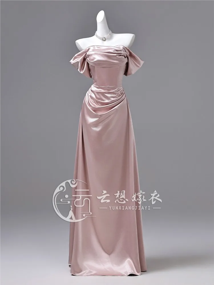 One-shoulder long art examination strappy waist-cinching performance dress a solid color mid-waist pink