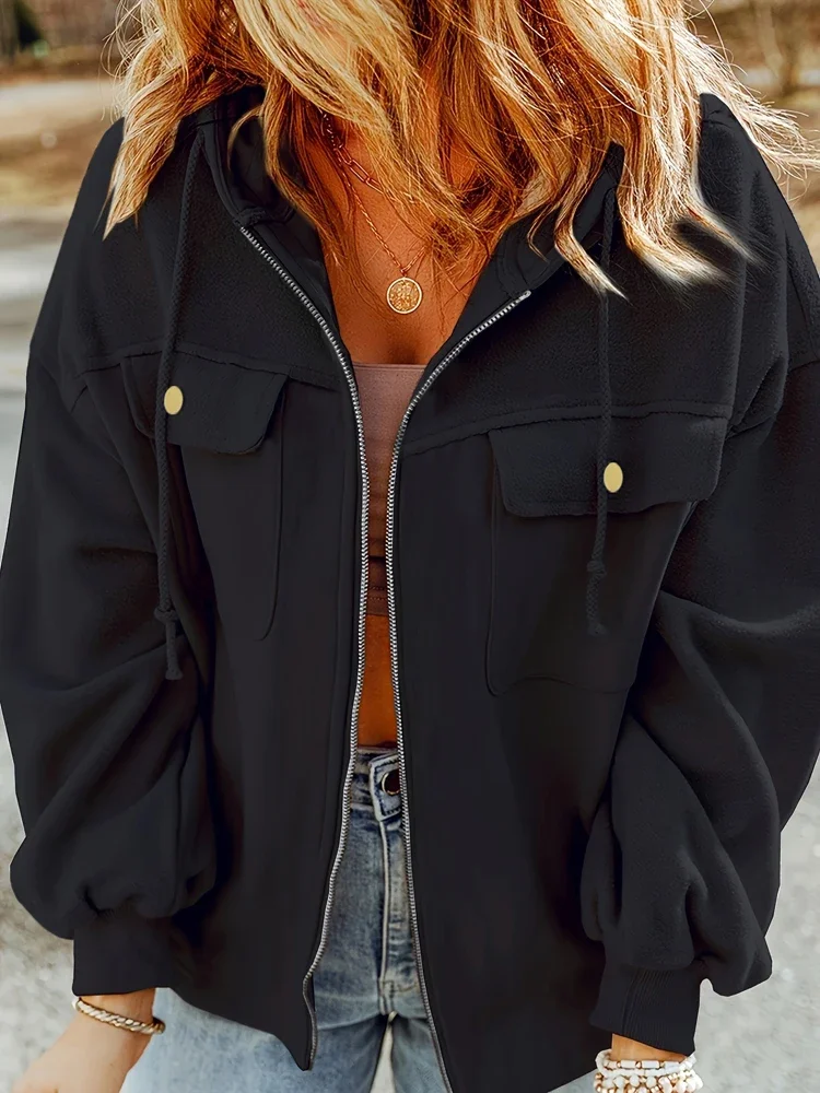 Vestes à capuche pour femmes, grande taille, décontractées, tendance, cordon de serrage, manches longues, poches, manteau zippé, automne hiver, couleur unie, polaire