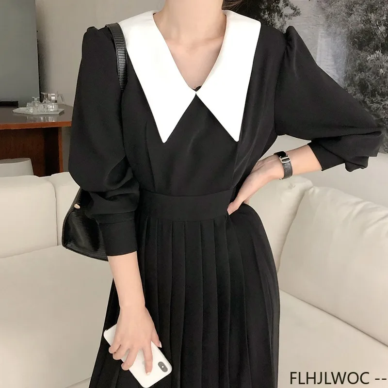 

Элегантные черные платья во французском стиле, хит продаж, новое женское плиссированное платье с коротким рукавом и галстуком-бабочкой на шнуровке с белым воротником