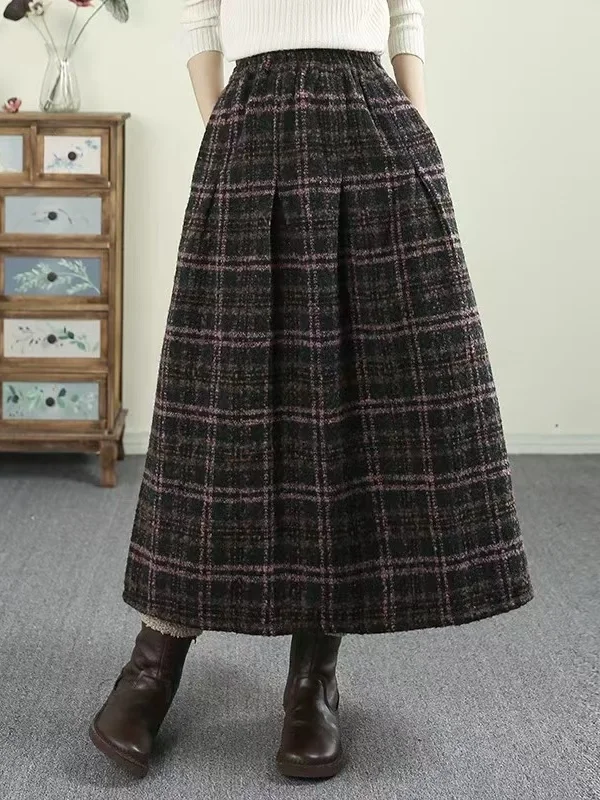 Fall Winter Woolen Plaid Midi Skirt Women's High Waist A-Line Skirt Comfortable Cotton Commute Friendly Fashionable