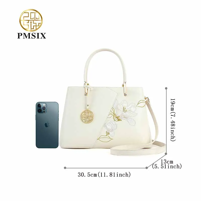 PMSIX Cow Leather Embroidery Handbags For Women Luxury Designer Handbag Elegant Shoulder Bag Fashion Female Ladies Bags 2023