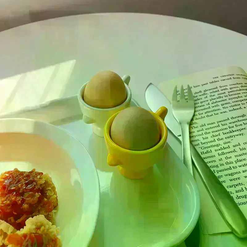 Egg Cup Heightened Base Solid Color Non-Slip Handle Good Grip Makeup Sponge Holder Mini Breakfast Ceramic Egg Holder Dining Room view 4