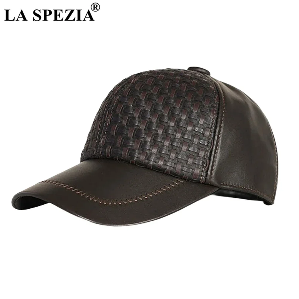 LA SPEZIA Baseball Cap Men Winter Hats Man Real Leather Dad Hat for Men Sheepskin Brown Autumn Winter Adjustable Snapback Luxury