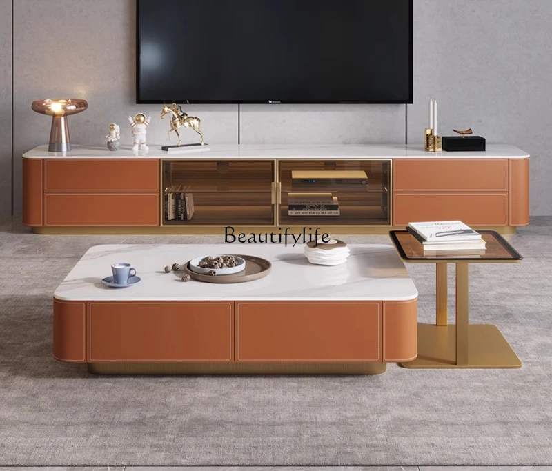 

Light luxury saddle leather TV cabinet modern Nordic high-end rock slab solid wood
