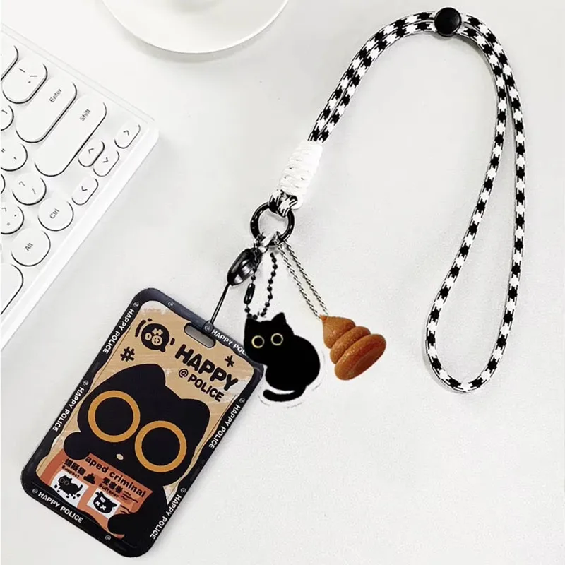 

Black Cat Portable Card Holder Subway Badge Access Control Student ID Cards Case with Spring Rope Office School Supplies