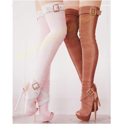 Solid Peep Toe Over the Knee Boots Buckle Strap Platform Stiletto High Heel Fashion Sexy Women Shoes 2024 Zapatos Para Mujere