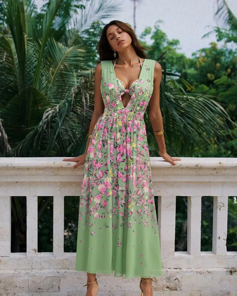 Flaxmaker 2025 Top floreale vintage e set da bagno con volant profondo e gonne Costume da bagno estivo da donna Abbigliamento da spiaggia