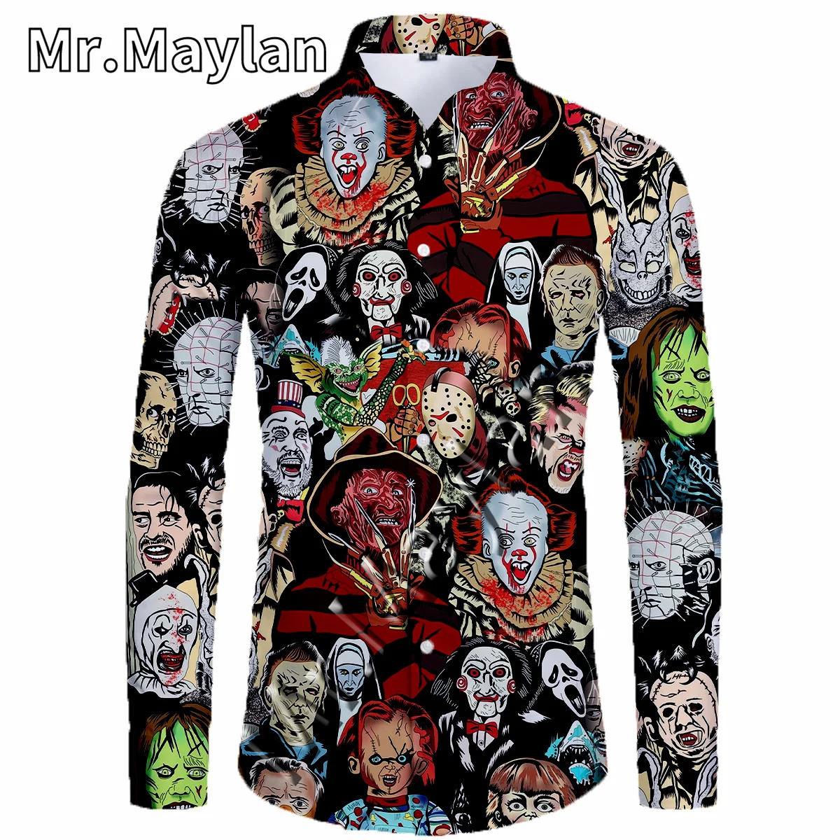 Halloween Skull 3D Beach Hawaiian Shirt 2022 Horror Movie Long Sleeve Streetwear Oversized 5XL Clothes Social Chemise Homme  A43