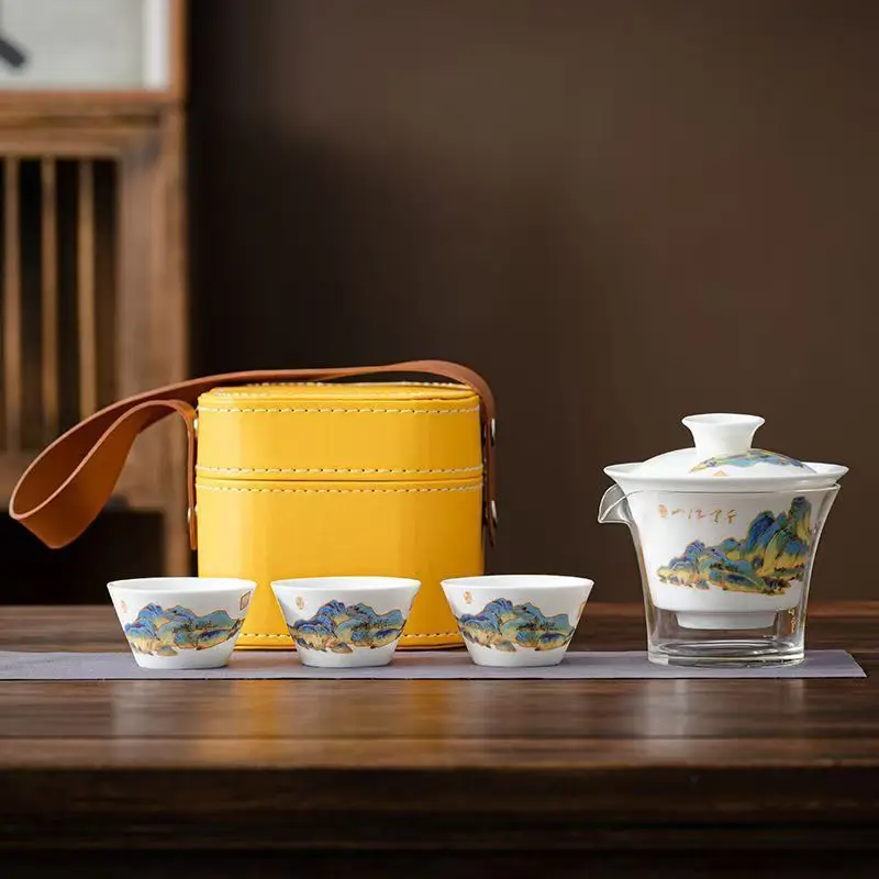 Juego de Té de Porcelana Blanca Travel Jade, Juego de Teteras para Preparar Té Gongfu, para Acampar al Aire Libre, Minimalista, 1 Gaiwan, 3 Tazas
