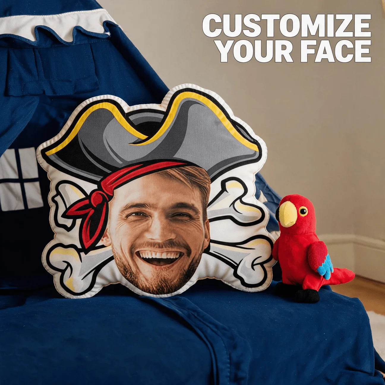 Custom Pirate Face Shaped Pillow, Funny Smiling for Man Photo Decorative Cushion with Hat & Skull Design, Unique Home Decor Gift