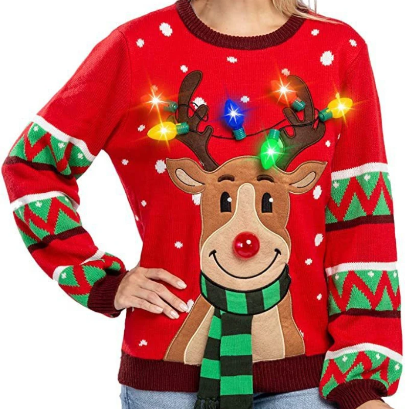 Sweater Women Christmas Deer Knitted Long Sleeve Round Neck Ladies Jumper Winter Autumn Pullover With LED Lamp