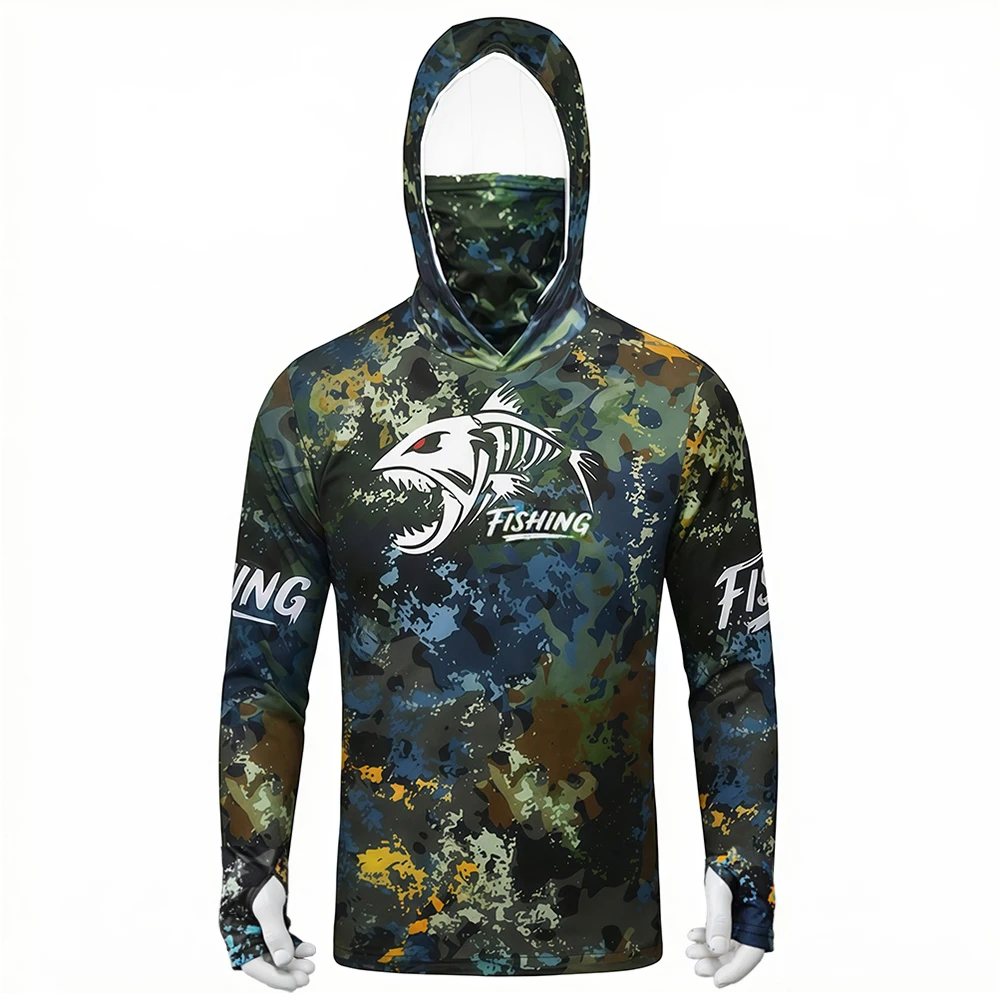 Herren Skelett-Fisch-Print UPF50+ Angelhemd mit Kapuze und Gesichtsmaske, Langarm, Schnelltrocknend, Anti-UV, Atmungsaktiv, Outdoor-Angeloberteil – Detail 6