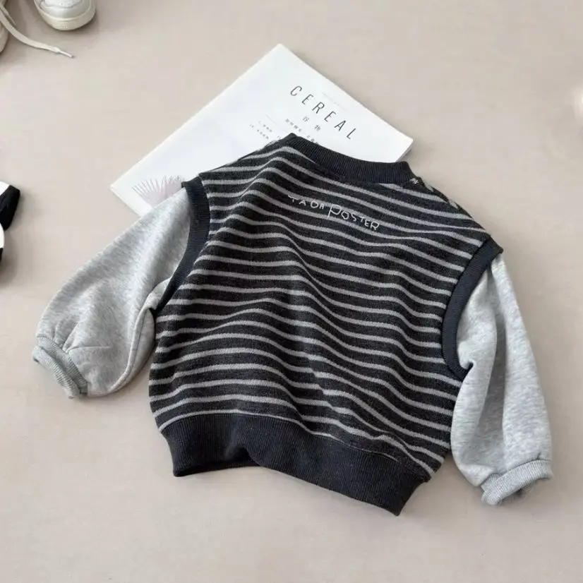 Children Clothing Fake Two Piece Sweatshirt 2026 New Autumn Baby Boys Girls Striped Spliced Long Sleeve Crew Neck Pullover Tops