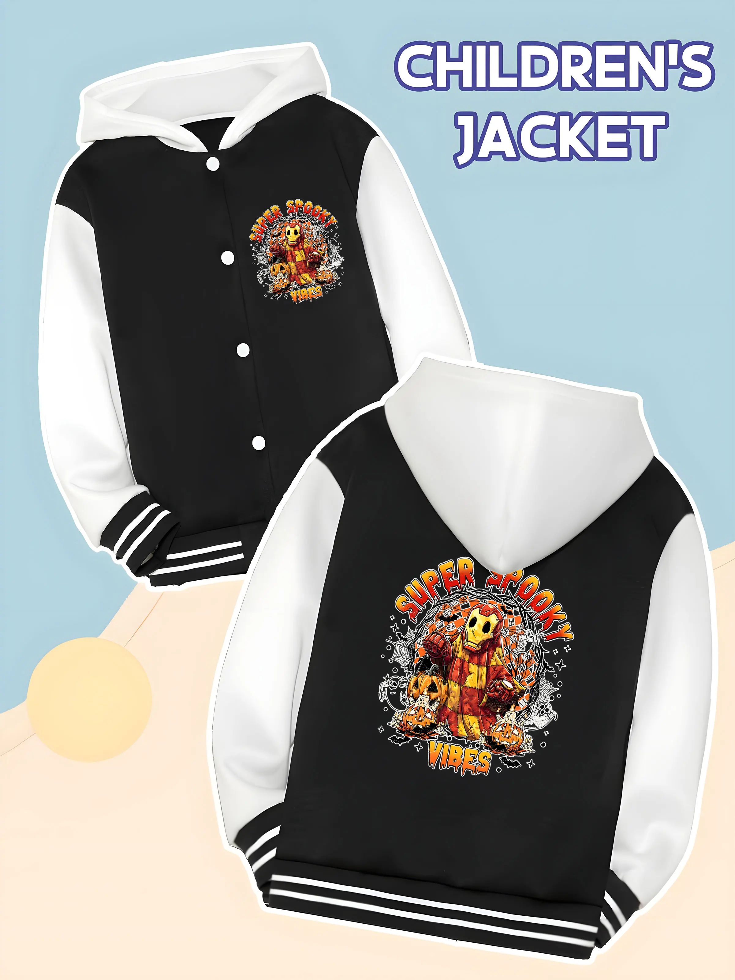 

MINISO Marvel Iron Man Halloween Boys Baseball Jacket - Iron Man as a ghost, "SUPER SPOOKY VIBES" print, double-sided to show of