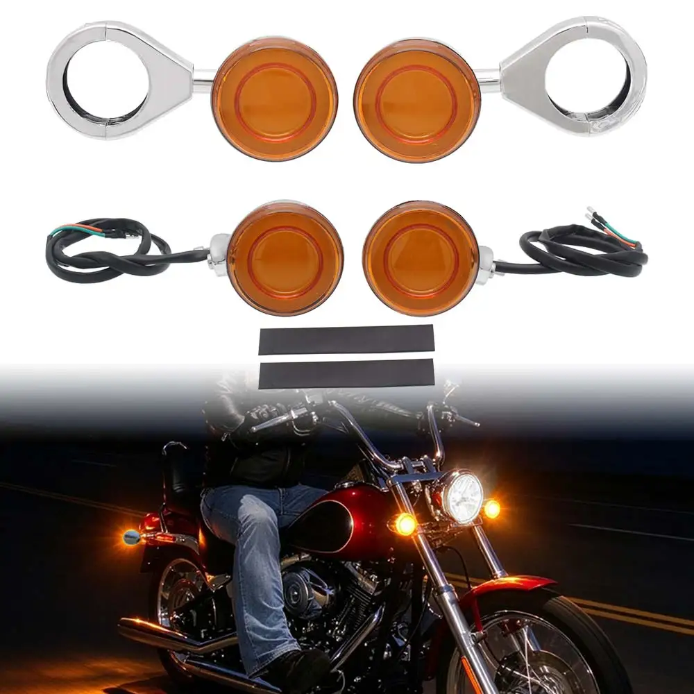 4x Amber LED Turn Signal Kits With 39/41mm Fork For Harley Sportster XL 883 1200 Dyna Softail 48 Roadster Iron FXR 1982-2021