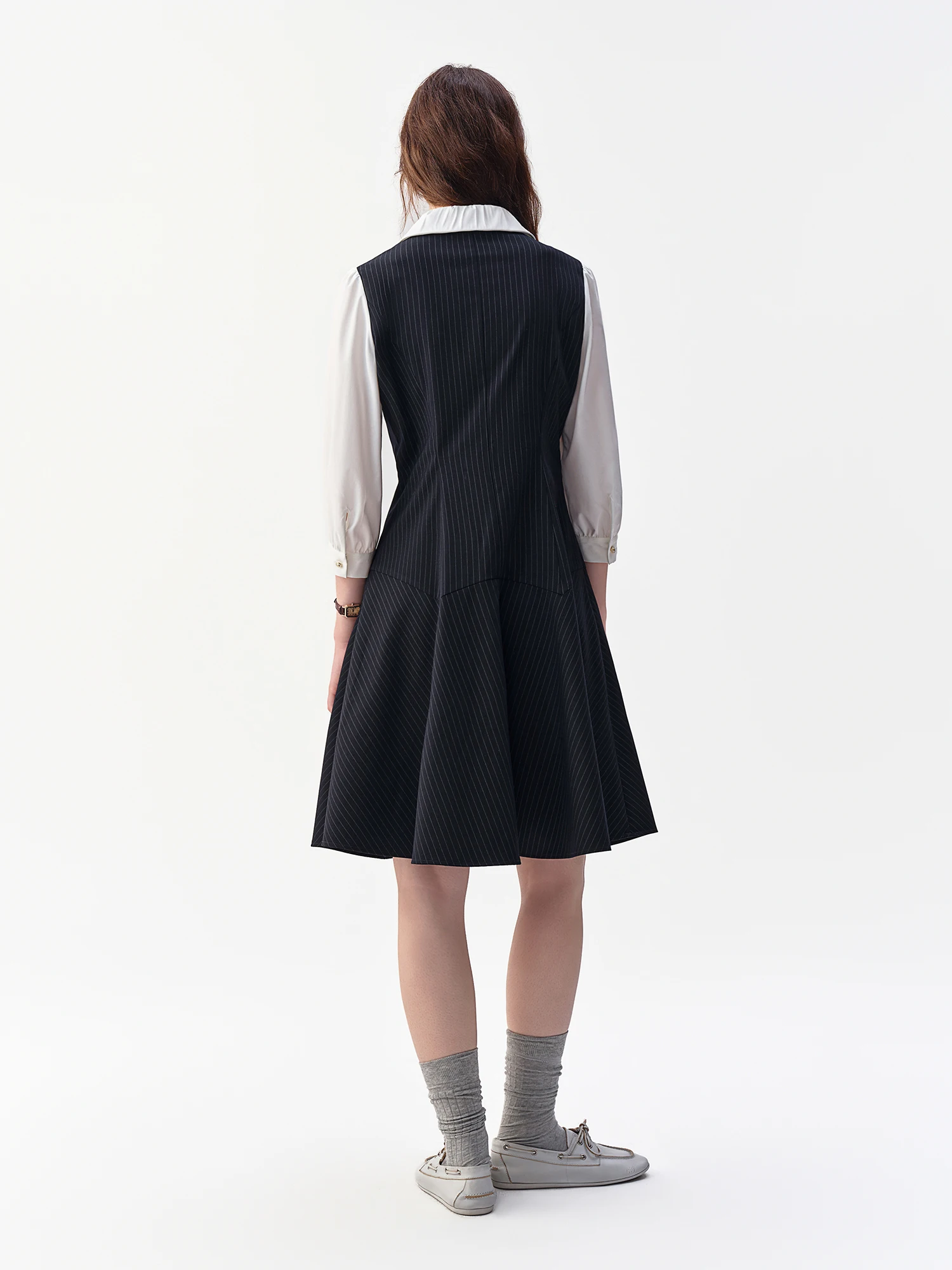 DUSHU 2026 Fall Women's Chic Preppy Faux Two-Piece Long Sleeve A-Line Dress with Waist-Defining Fit for Daily and Office Wear