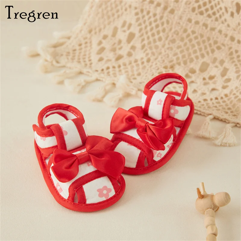 Tregren 0-12 Months Newborn Baby Girl Sandals First Walkers Shoes Floral Print Big Bow Cutout Soft Sole Summer Home Casual Shoes