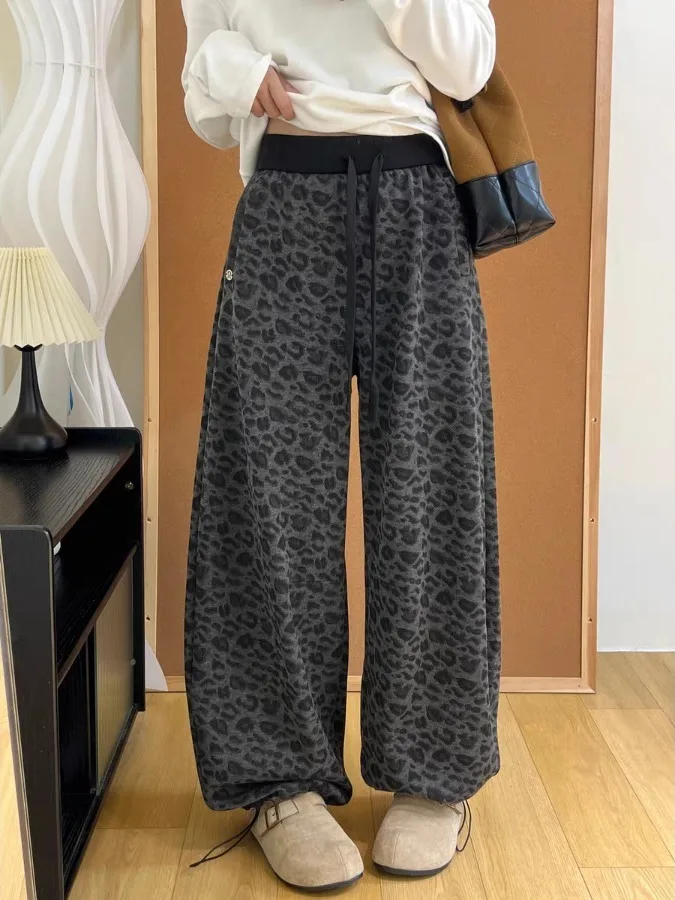 Authentique ey imprimé léopard taille haute pantalon à jambes larges pantalon pour femme saison d'hiver pantalon coupe ample décontracté