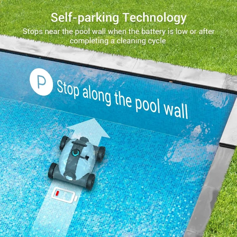 Nettoyeur de piscine robotique sans fil avec moteurs à entraînement touristique, technologie d'auto-stationnement, livres de 90 minutes avec sol plat jusqu'à 861 pi