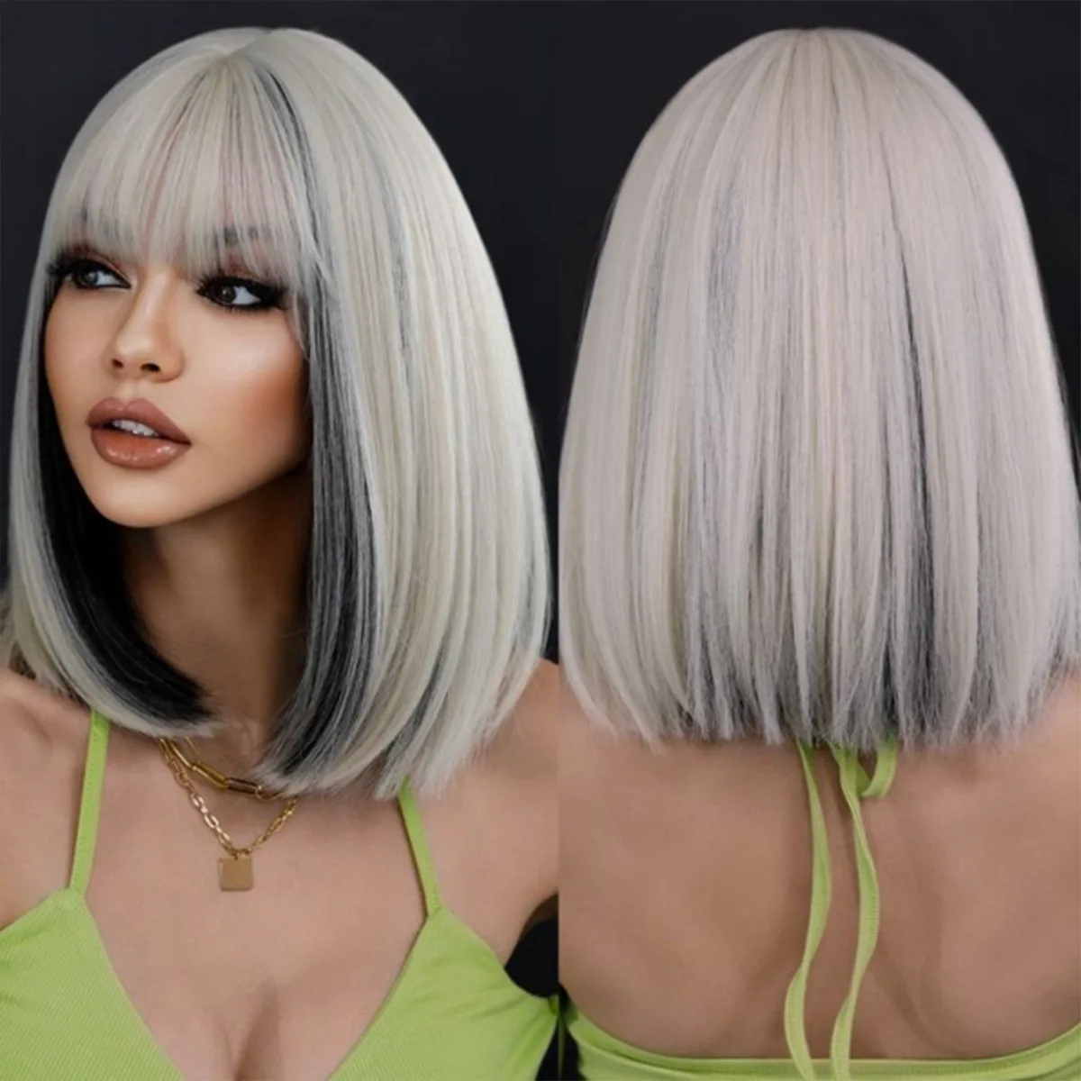 14 inch new high-quality short straight Bob wig with black and white mixed color bangs synthetic wig suitable for women's use