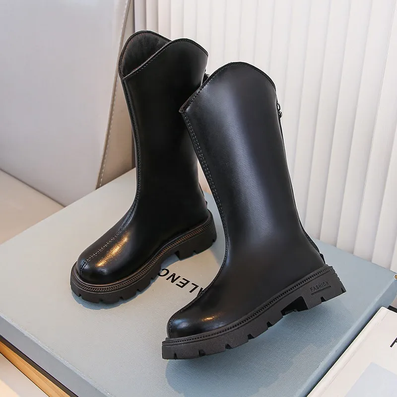 Children Knee Length Boots New 2025 Autumn Student Girls Princess Boots Kids Zipper Comfortable Non Slip Solid Color Long Boots