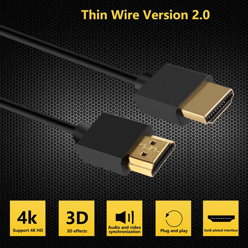 4K UHD Cable HD2.0 19+1Core OD3.2mm Ultra Thin Video Audio Cord for Computer Xbox PS3 DVD Monitor Projector HDTV Set-top Box