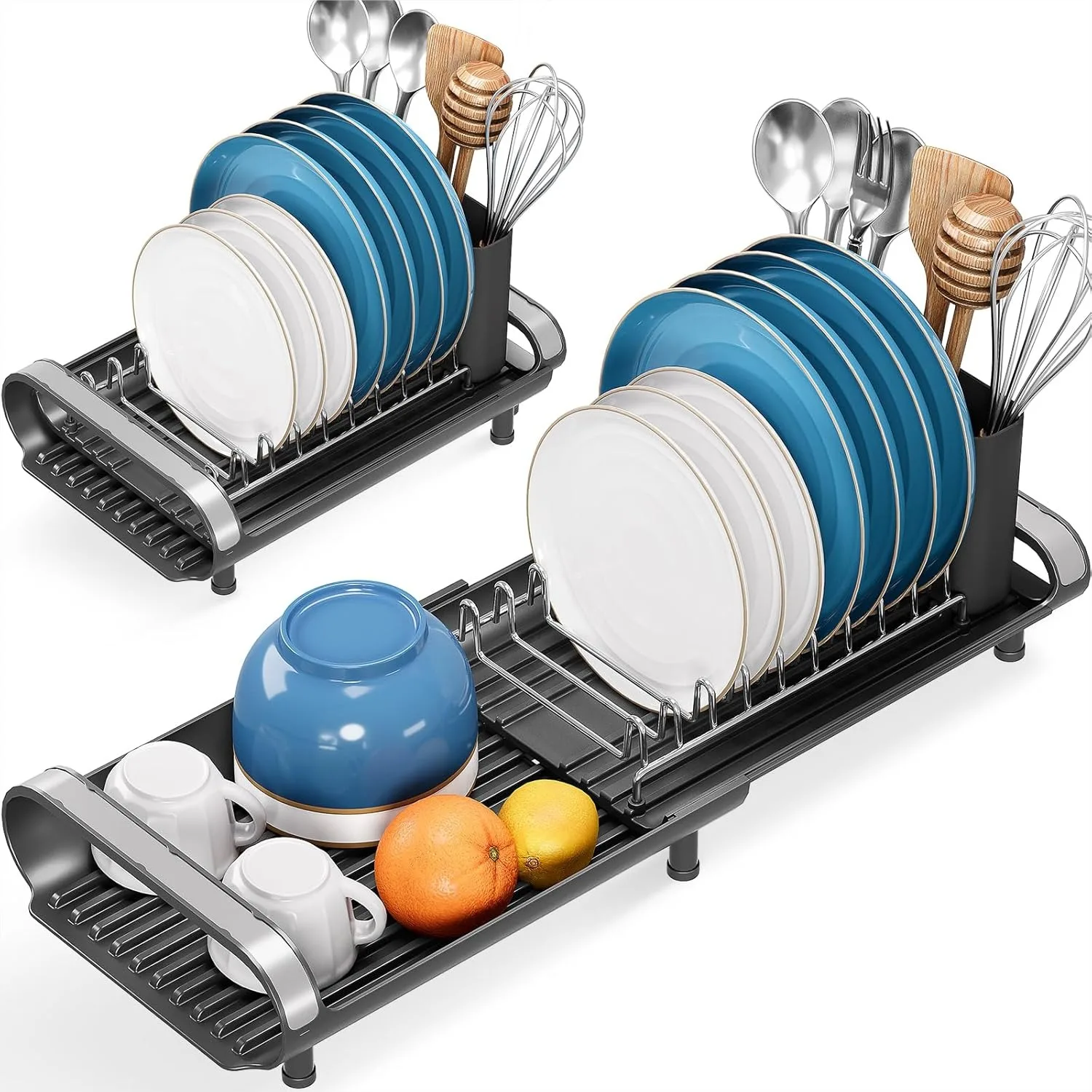 

Expandable Dish Drying Rack with Utensil Holder, Stainless Steel Kitchen Plate Drainer for Countertop or Sink, Space Saving