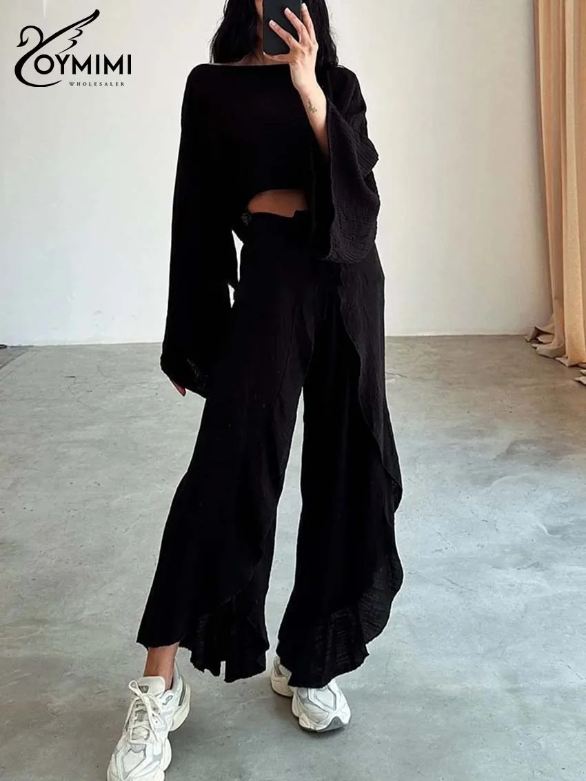 

Oymimi Women's Black 2 Piece Outfit 2026 Spring Crop Tops And Wide-Leg Pants Puff Sleeve Tie Front Split Casual Party Clothes