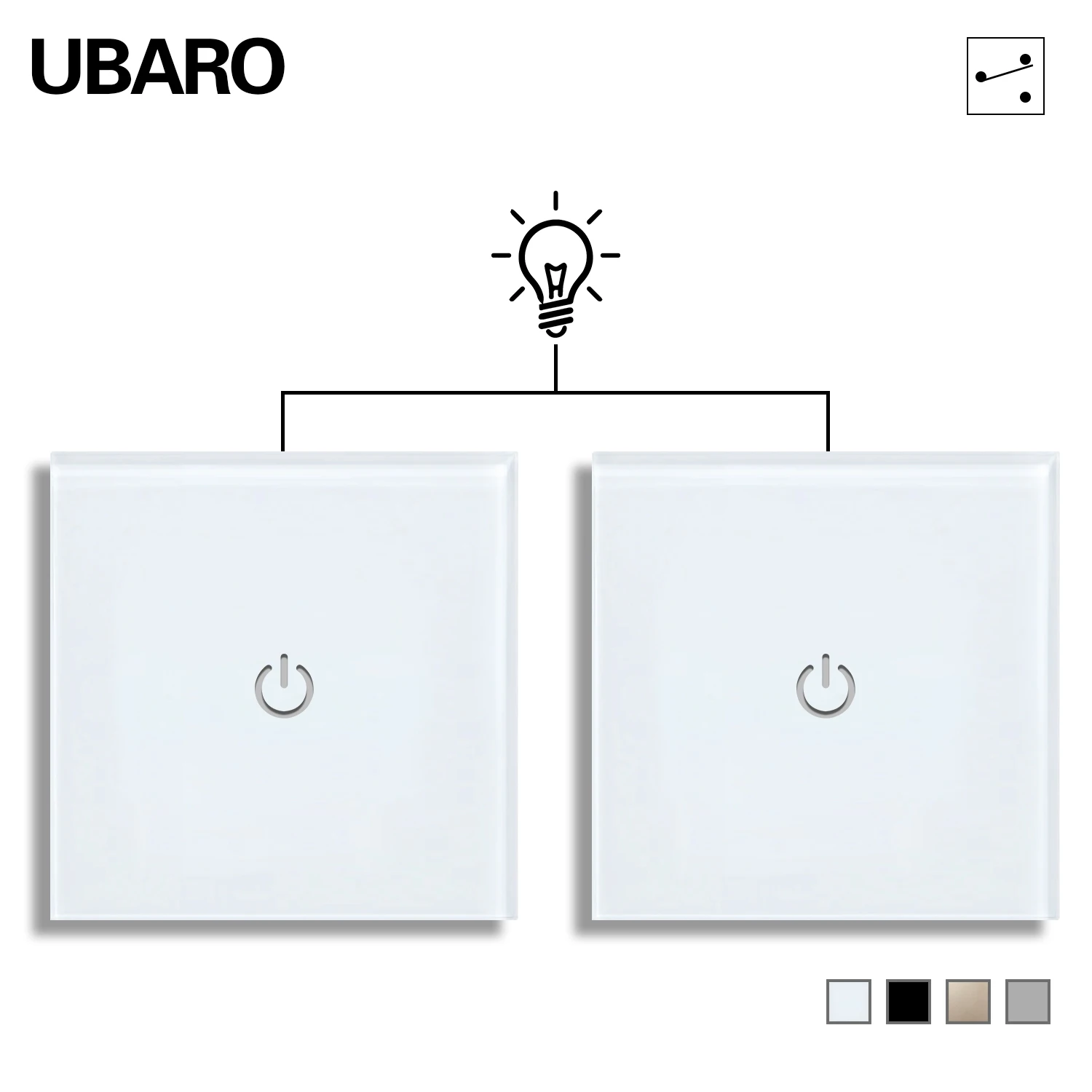 UBARO EU Standard Pass Touch Switch 1 Gang 2 Way Control 86mm Double Switch with Tempered Glass Panel Sensor Interruptor