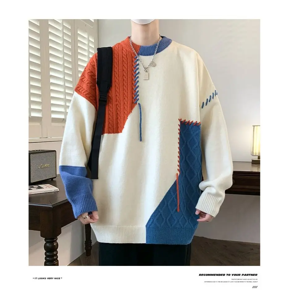 

Высококачественный цветной мужской свитер, зимний свитер на подкладке, Thiened, модный свободный ленивый сле, подростковый трикотаж, повседневный длинный рукав...