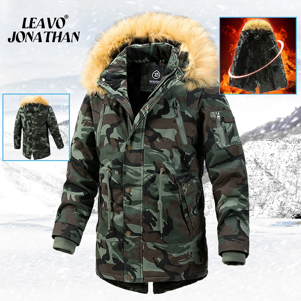 2024 Winter Outdoor Men\'s Cold Coat Warm Hunting Camouflage Thickened Mid-length Cotton Coat Work Camouflage Windproof Clothing