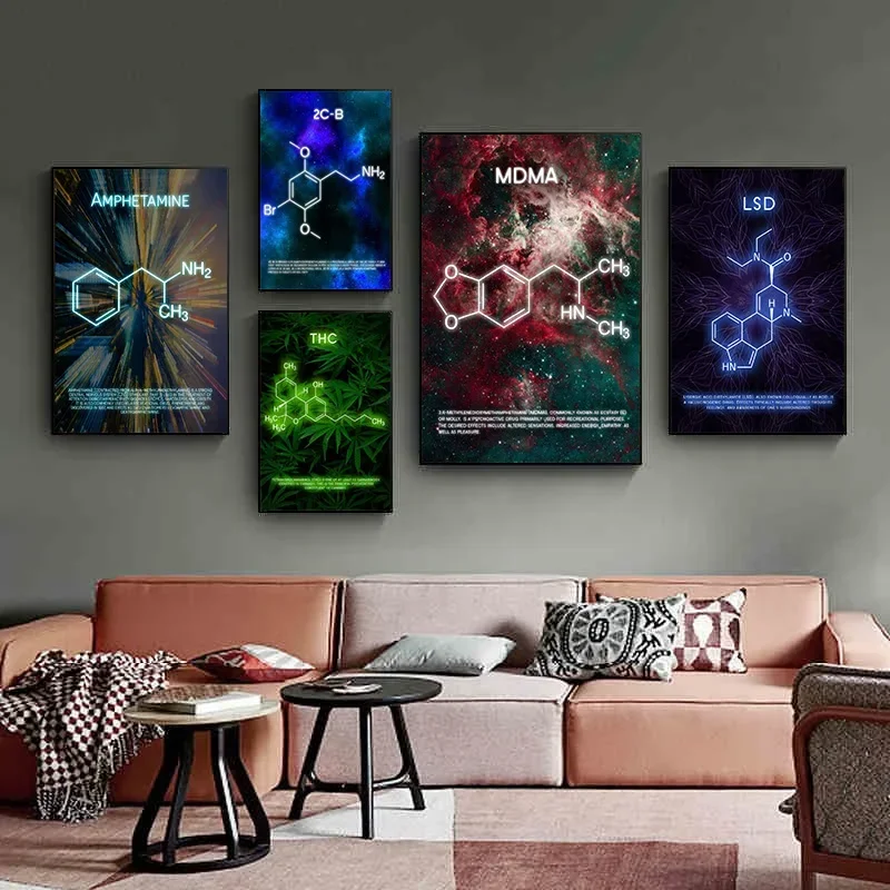 THC LSD 2CB جزيئات المخدرات الكونية الاعشاب خلفية جدار الفنون قماش اللوحة ديكور المنزل غرفة ديكور