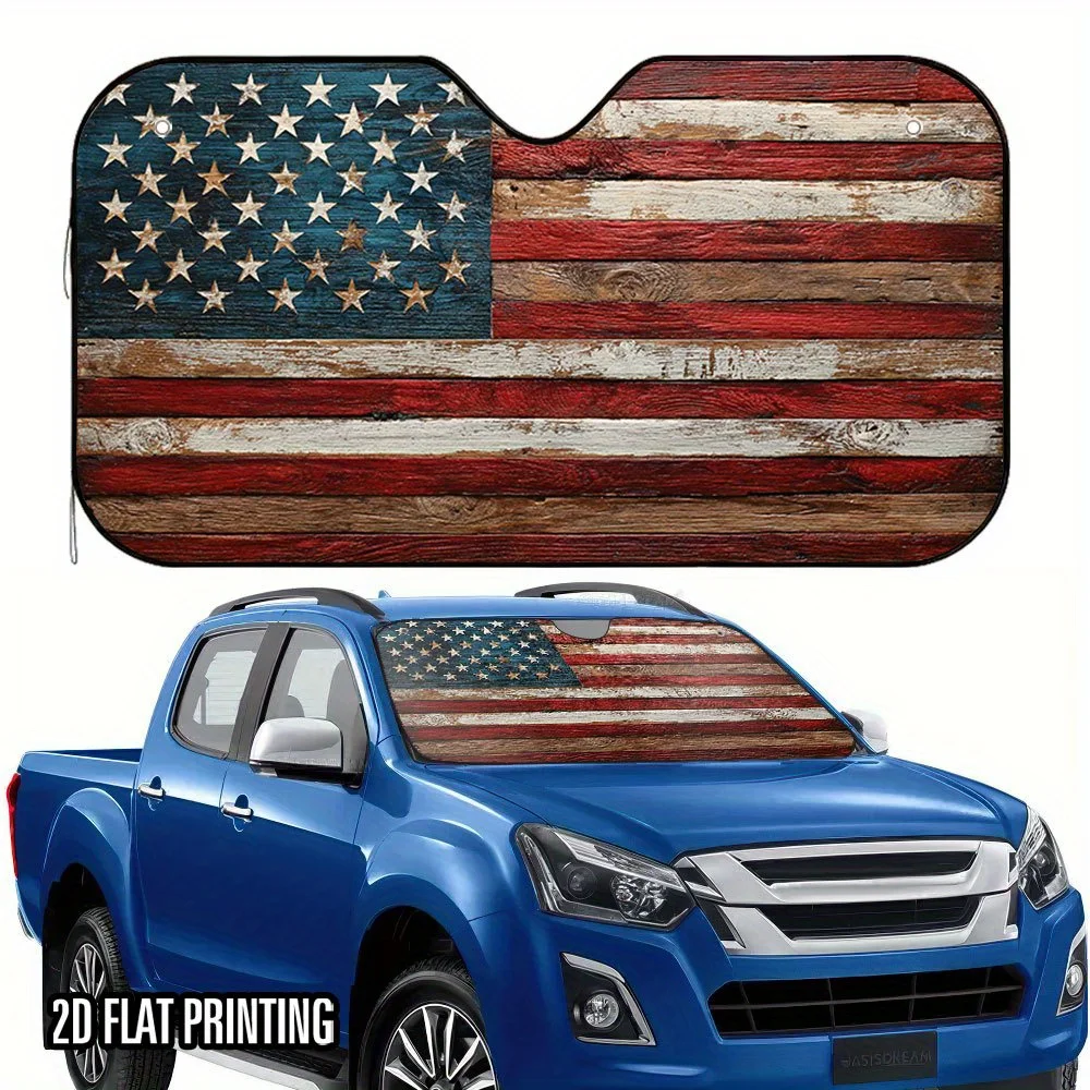 1pc 2D Flat Wooden Star Spangled Banner Design Car Sunshade – Foldable & Stylish, Keeps Your Vehicle Cool, Perfect For SUVs, Sed