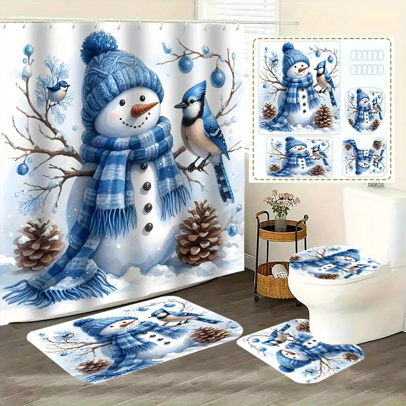 4Pcs Winter Wonderland Bath Set – Snowflakes Snowman, Curtain, 12 Hooks, Toilet Cover, Non-Slip Mat, Christmas & Winter Decor
