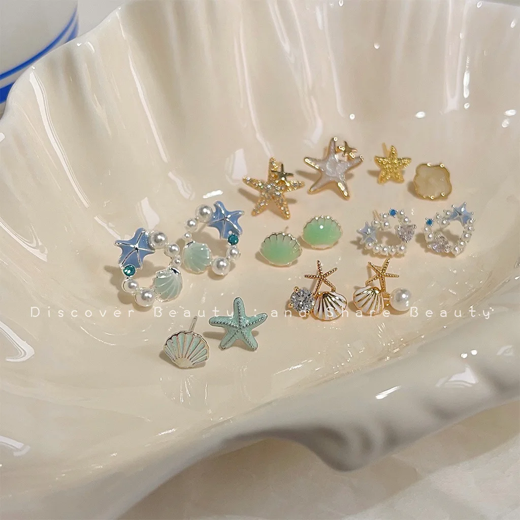 DIY accessories Seaside Romance~ Small Fresh Starfish Shell Oil Dripping Earrings Holiday Style Fashion Versatile Premium Earrin
