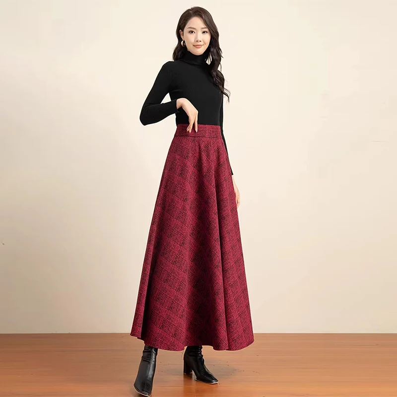 

2026 Autumn/Winter Red Plaid Wool Skirt, Women's Midi High Waist Slimming Long Skirt, Versatile Plus Size A-Line Skirt
