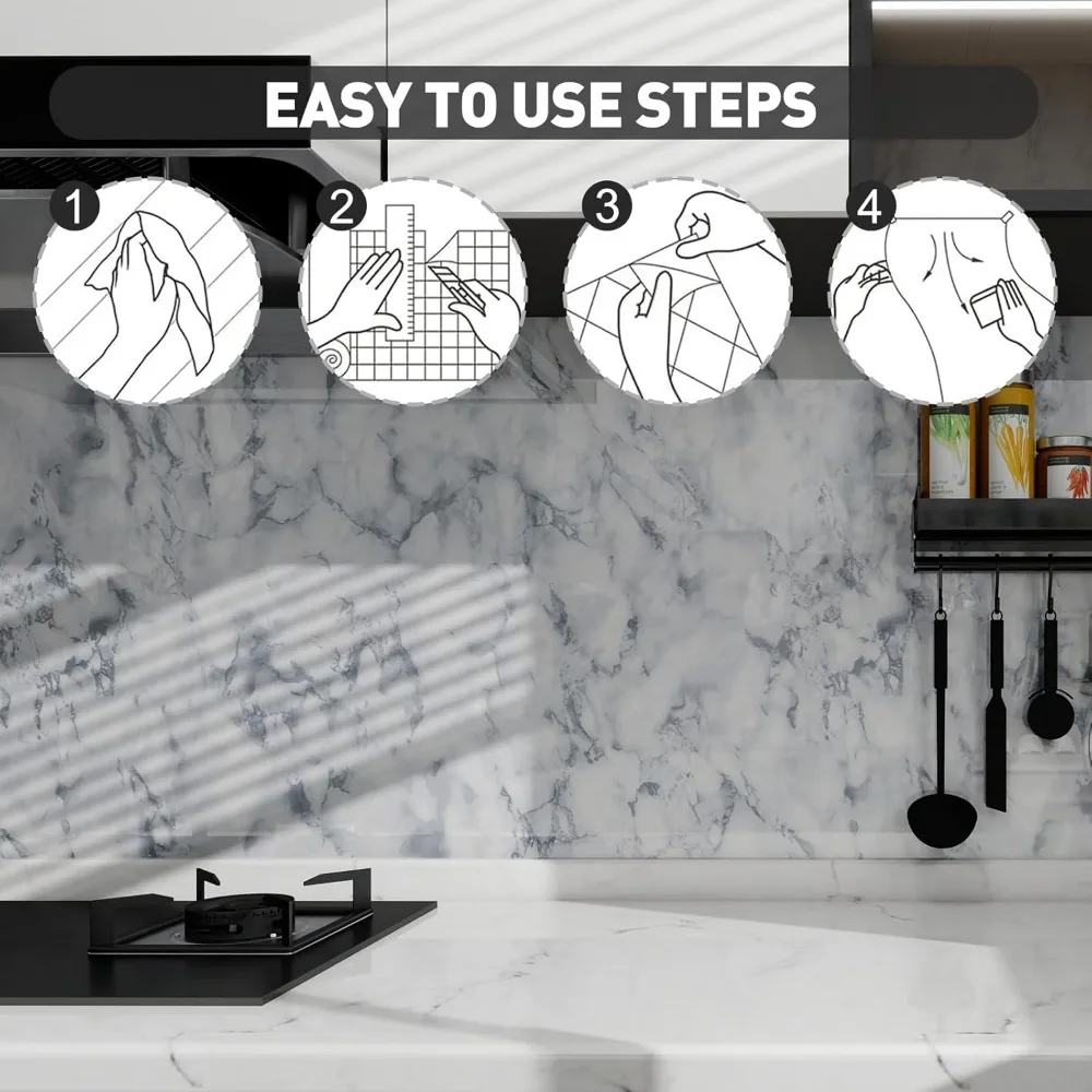 ورق اتصال رخامي لامع مقاوم للماء ذاتي اللصق وقابل للإزالة لأسطح الكونترتوب والأثاث، تصميم أبيض ورمادي