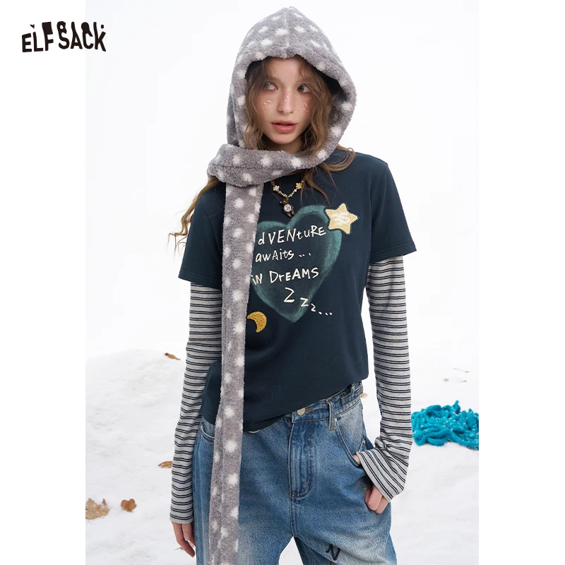 

ELFSACK 2025 Winter New Arrivals Y2K Casual Preppy Fake Two Piece Letter Graphic 3D Embroidery Stripe Long Sleeve Tshirt For Wom