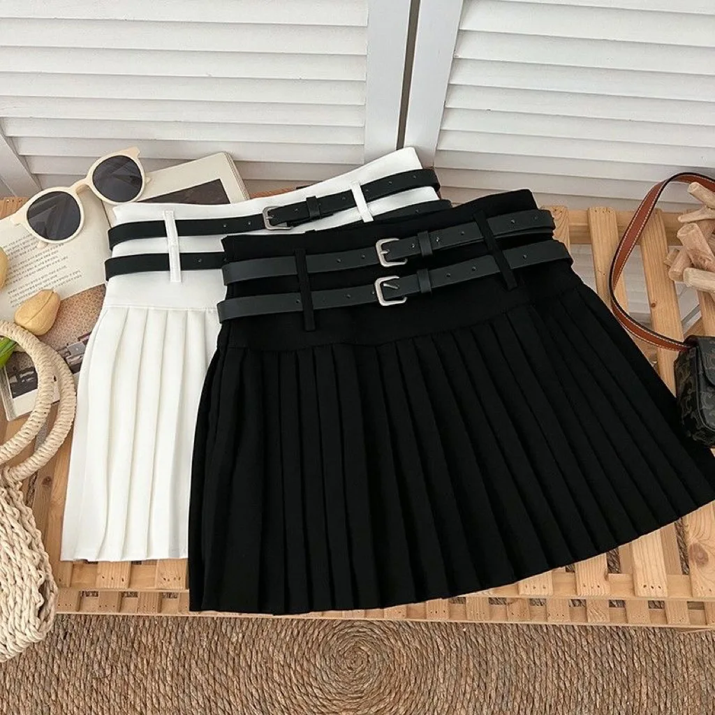 

Spring Autumn baby Girls Pleated Skirt Skorts Teenage Kids girl Solid Double Belt Skirt Children Bottoms 3-14Y child gonne