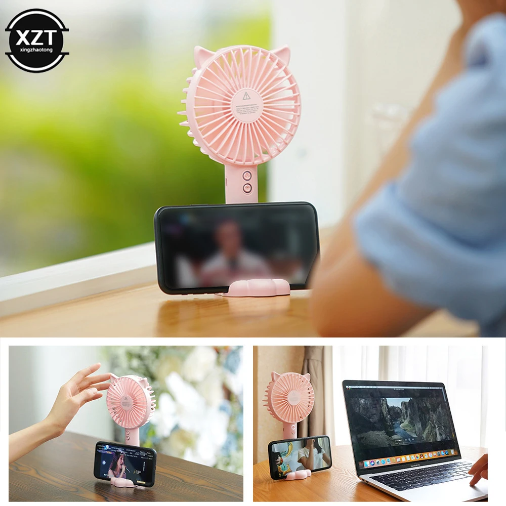 Portable Mini Handheld Electric Fan USB Rechargeable with Base Mobile Phone Holder 3 Gears Adjustable Cat Ears Fan