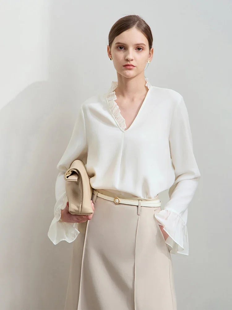 AMII Minimalist Chiffon Shirt For Women 2025 Autumn New Office Lady V-neck Ruffle Splicing Loose Long Sleeved Blouse 12511078