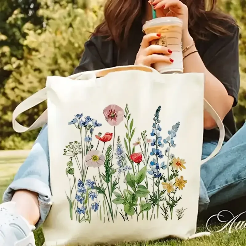 

1 шт., холщовая большая сумка с узором полевых цветов, сумка на плечо для йоги, прочная, удобная сумка для женщин, для покупок и работы, для ежедневного использования